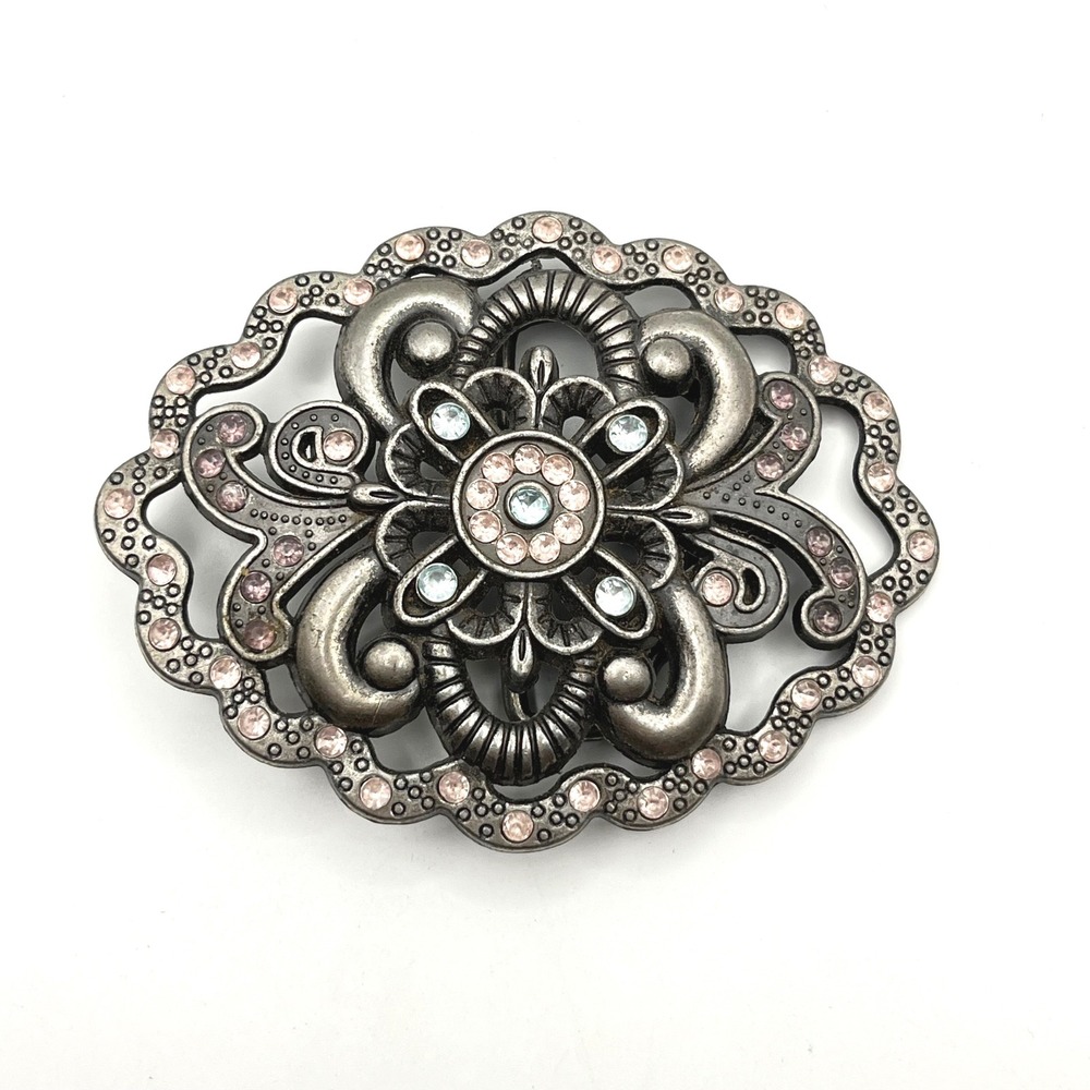Vintage Silver Tone Floral Filigree Belt Buckle Pink Blue‎ Rhinestone 3.25in
